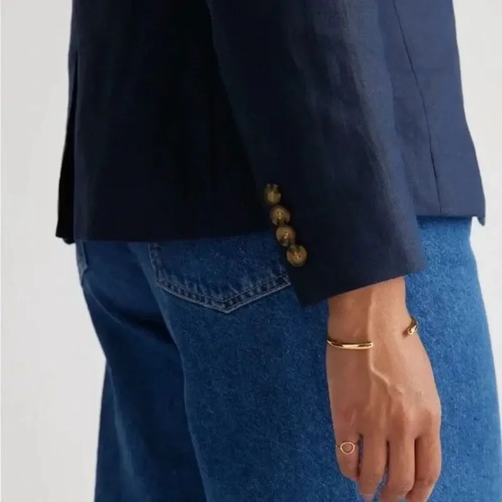 QUINCE European Linen Structured Blazer Jacket Women L Deep Navy Minimalist - Picture 4 of 14